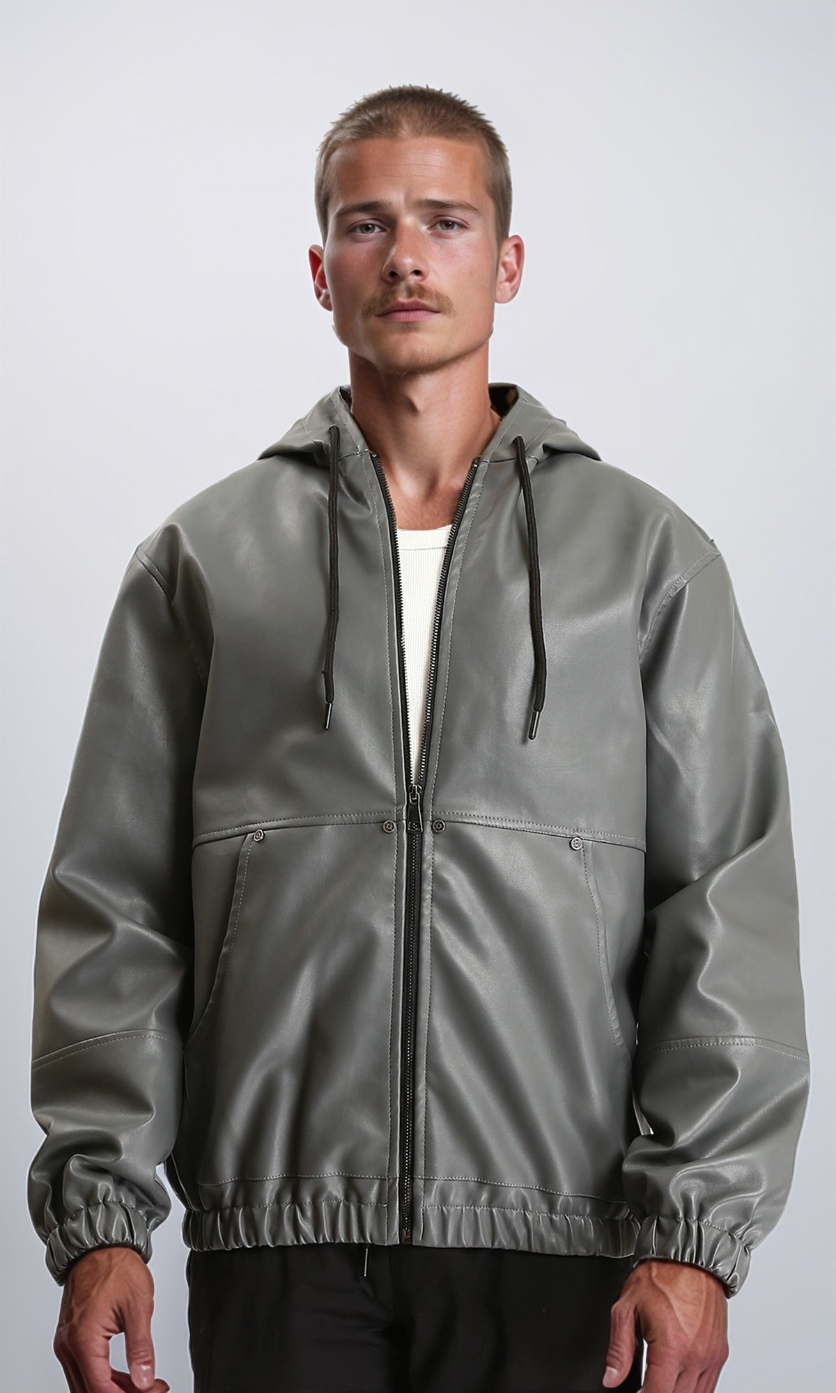 Hooded Neck with Drawstring Leather Jacket - Dark Grey