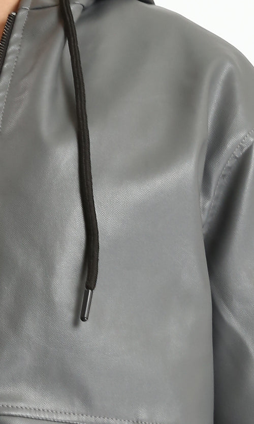 R213542 - Hooded Neck with Drawstring Leather Jacket - Dark Grey