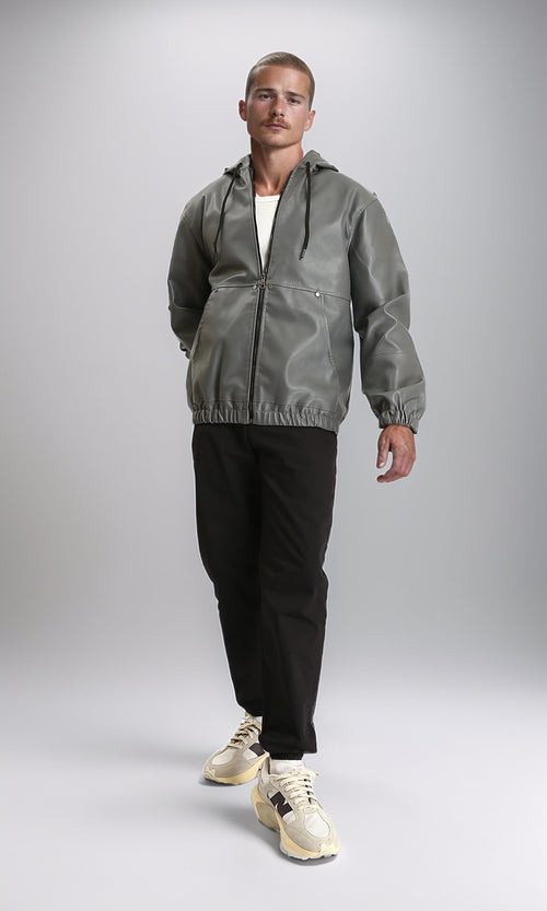 R213542 - Hooded Neck with Drawstring Leather Jacket - Dark Grey