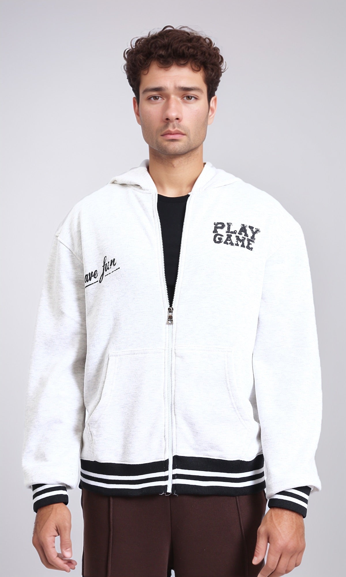 "play Game" Printed Long Sleeves Hoodie - Heather White
