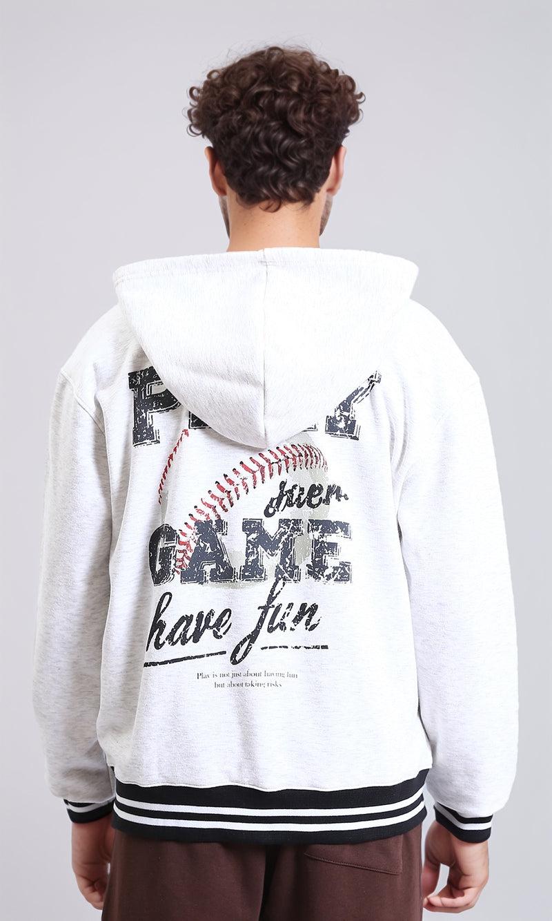 R213576 - "Play Game" Printed Long Sleeves Hoodie - Heather White