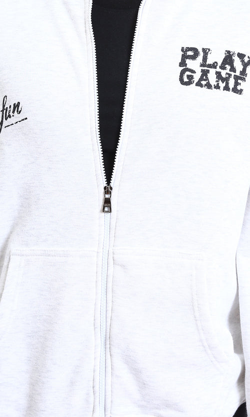 R213576 - "Play Game" Printed Long Sleeves Hoodie - Heather White