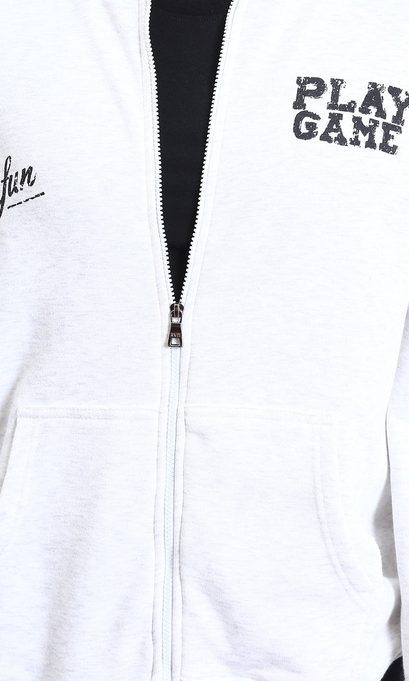 R213576 - "Play Game" Printed Long Sleeves Hoodie - Heather White