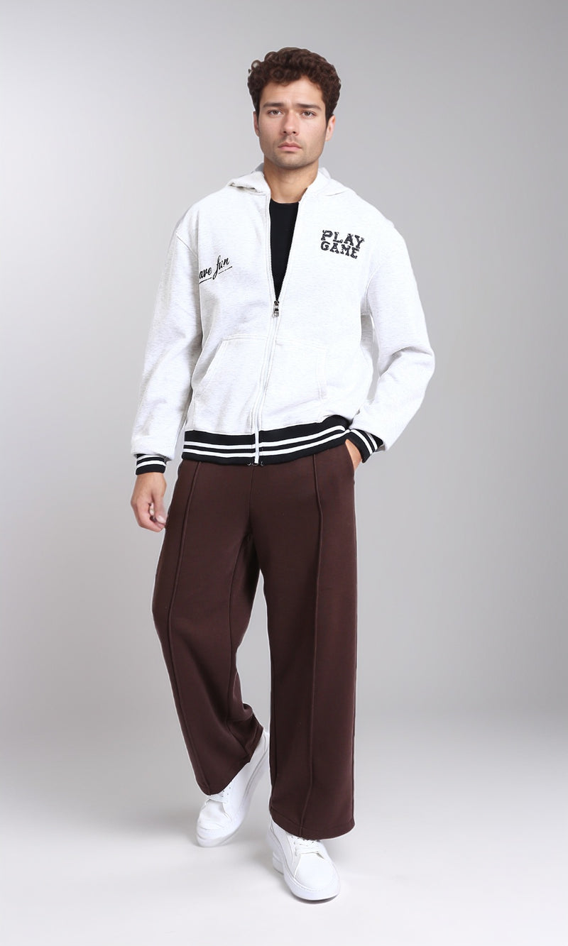 R213576 - "Play Game" Printed Long Sleeves Hoodie - Heather White