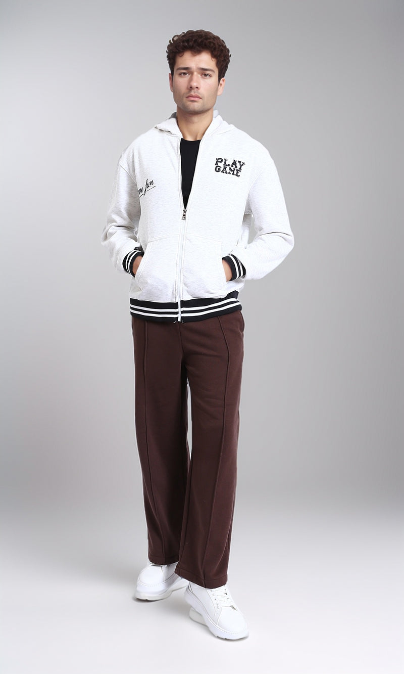 R213576 - "Play Game" Printed Long Sleeves Hoodie - Heather White