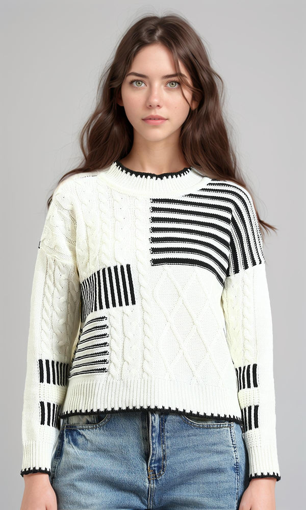 R213611 - Multi-Patterns Pullover with Mock Neck - Off-White & Black