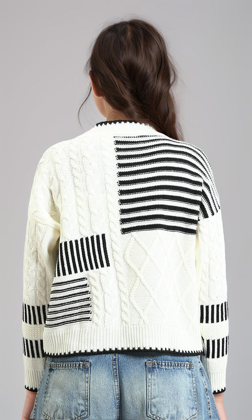 R213611 - Multi-Patterns Pullover with Mock Neck - Off-White & Black