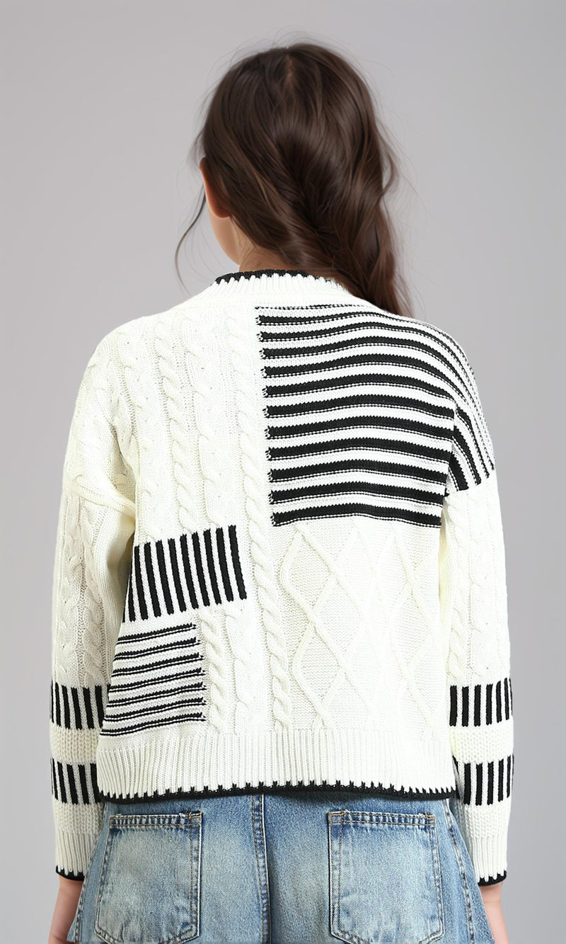 R213611 - Multi-Patterns Pullover with Mock Neck - Off-White & Black