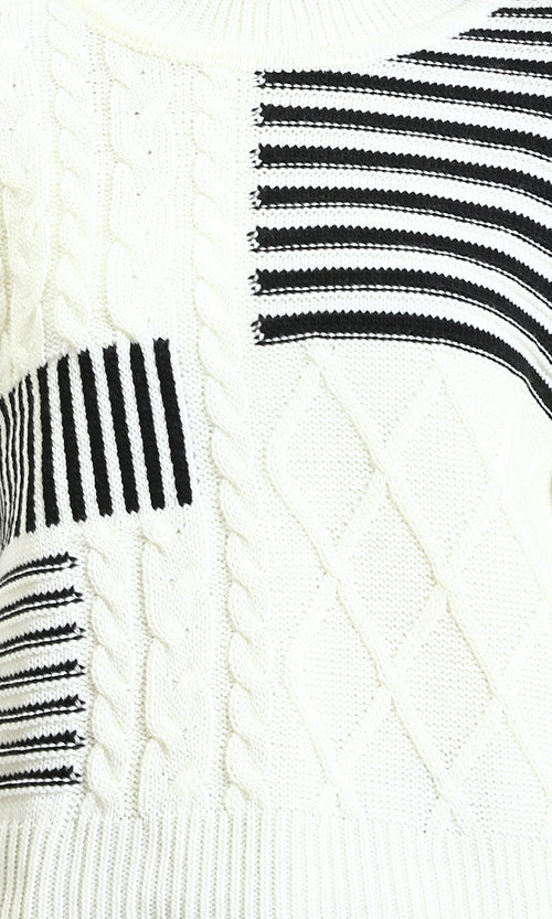 R213611 - Multi-Patterns Pullover with Mock Neck - Off-White & Black