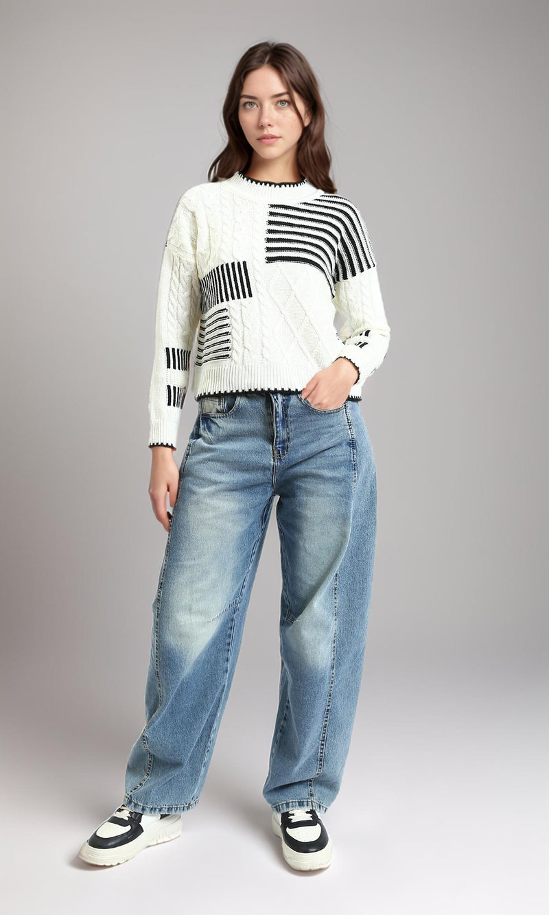 R213611 - Multi-Patterns Pullover with Mock Neck - Off-White & Black