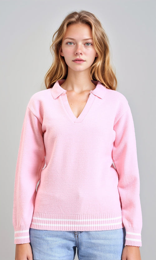 R213614 - Open V-Neck Solid Pullover - Light Pink