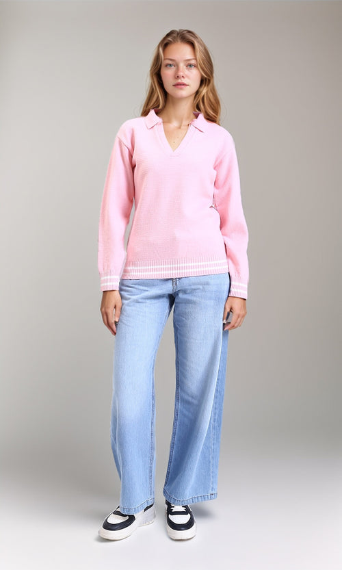 R213614 - Open V-Neck Solid Pullover - Light Pink