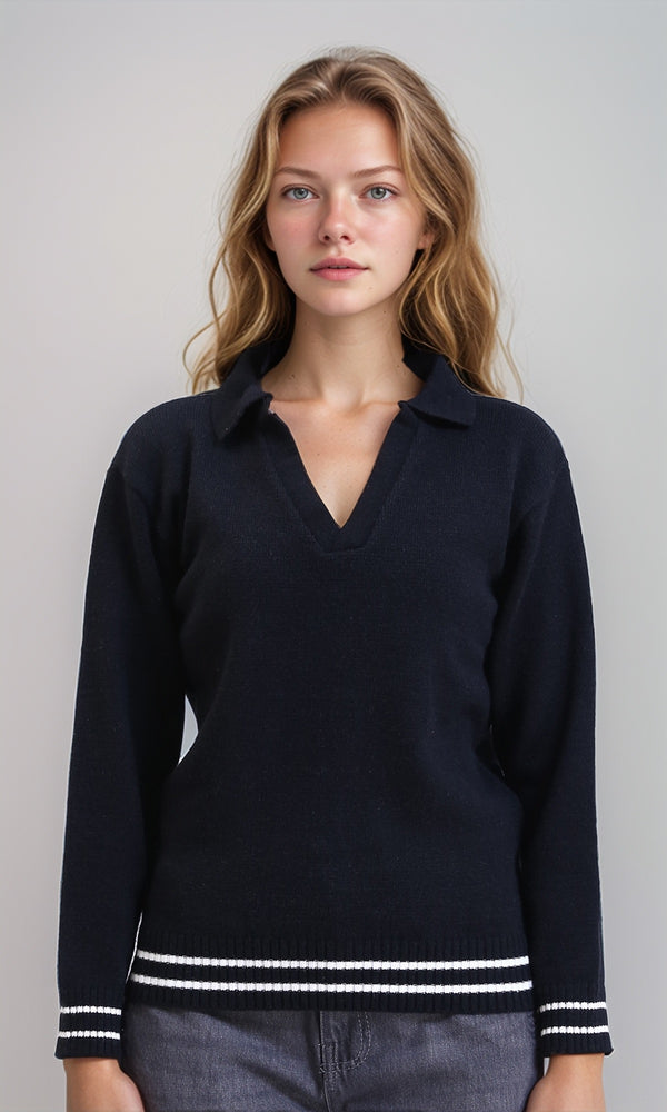 R213615 - Open V-Neck Solid Pullover - Black