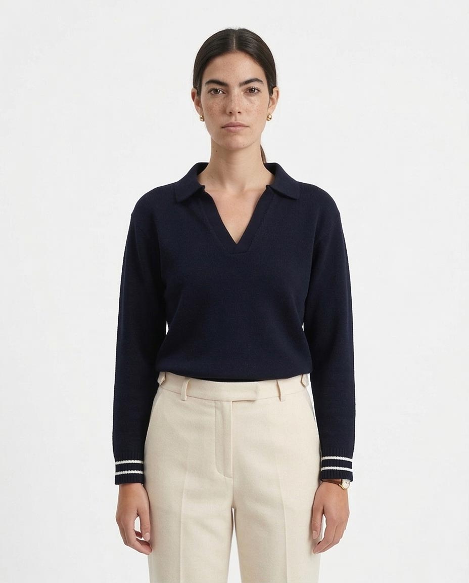 Heritage Knit V-Neck with Contrast Ribbing - Black