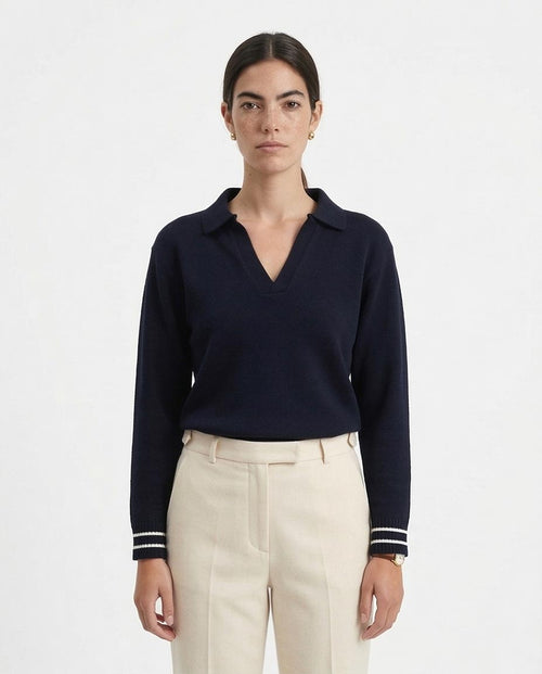 Heritage Knit V-Neck with Contrast Ribbing - Black