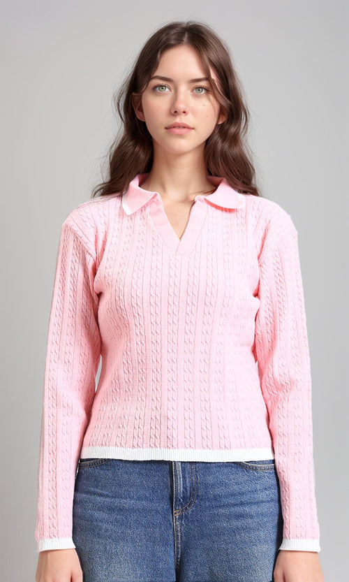 R213618 - Open V-Neck Long Sleeves Braided Pullover - Light Pink