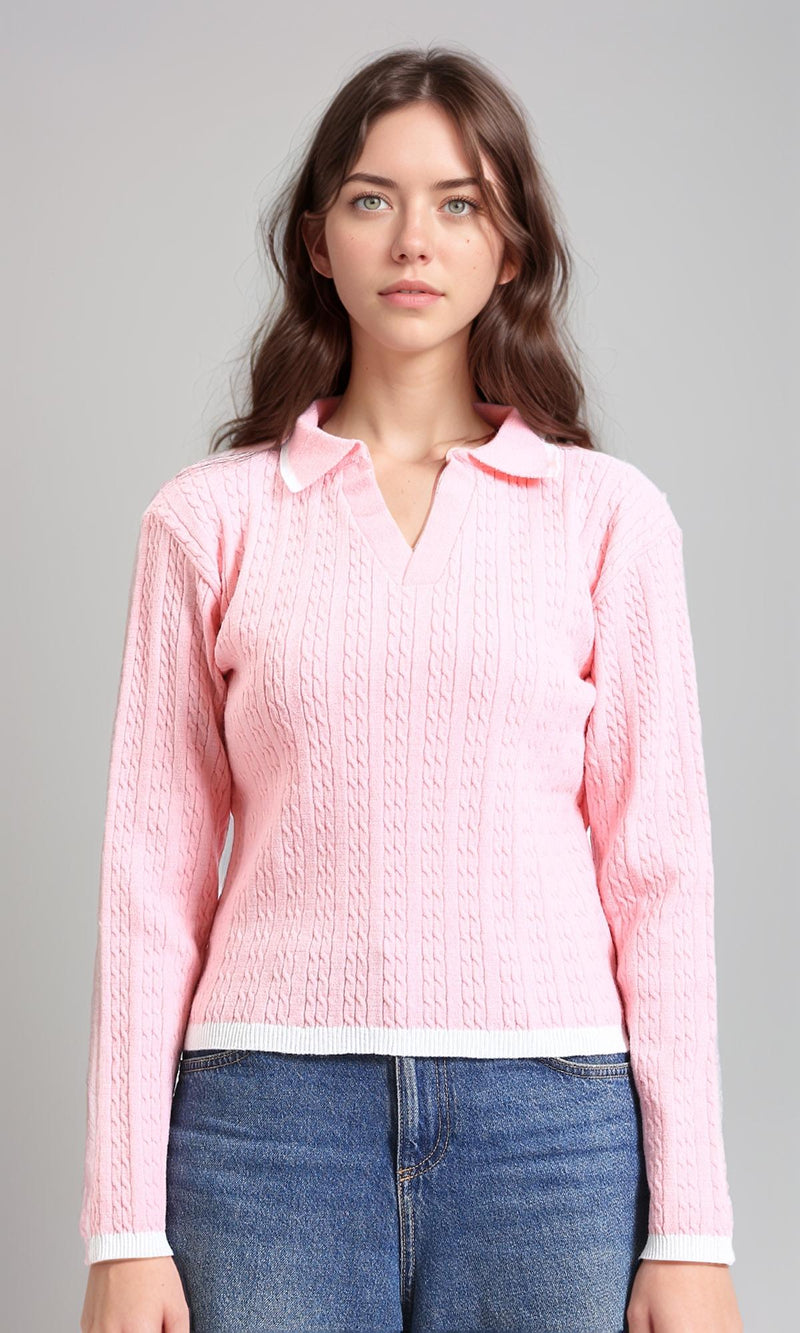 R213618 - Open V-Neck Long Sleeves Braided Pullover - Light Pink