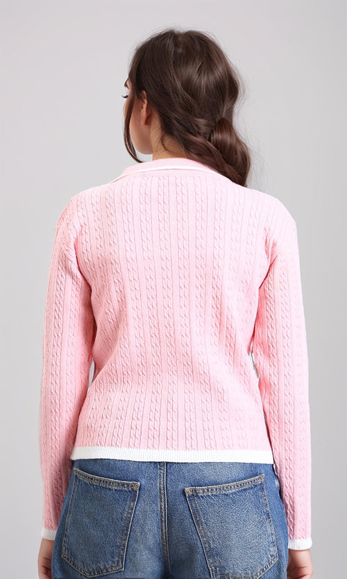 R213618 - Open V-Neck Long Sleeves Braided Pullover - Light Pink
