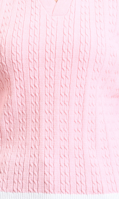 R213618 - Open V-Neck Long Sleeves Braided Pullover - Light Pink