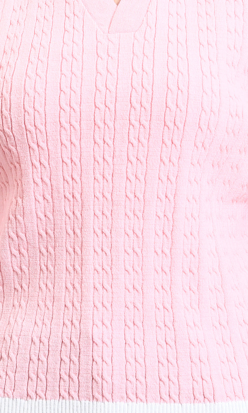 R213618 - Open V-Neck Long Sleeves Braided Pullover - Light Pink