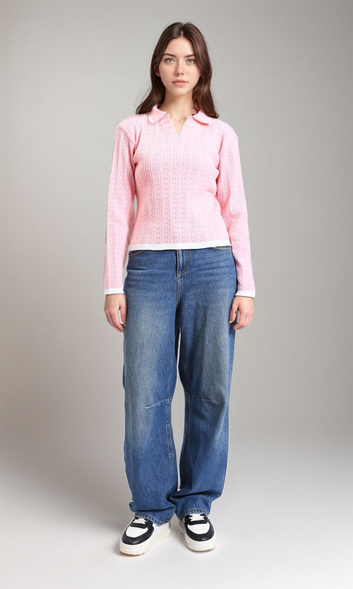 R213618 - Open V-Neck Long Sleeves Braided Pullover - Light Pink
