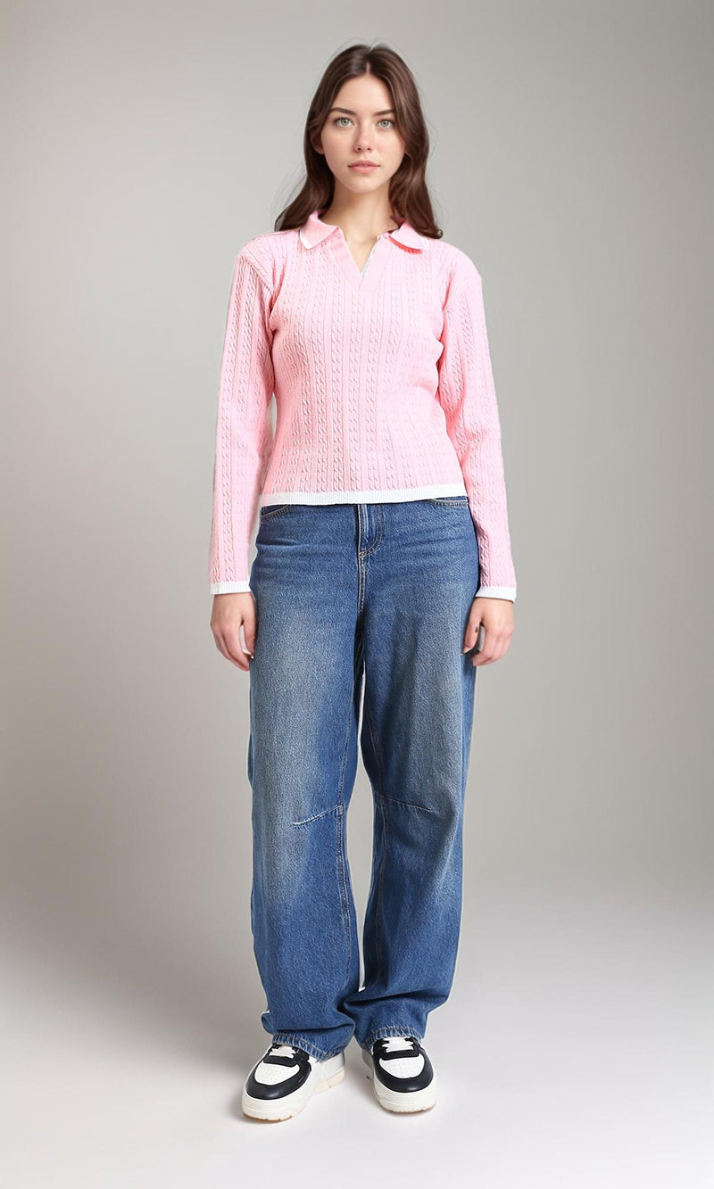 R213618 - Open V-Neck Long Sleeves Braided Pullover - Light Pink