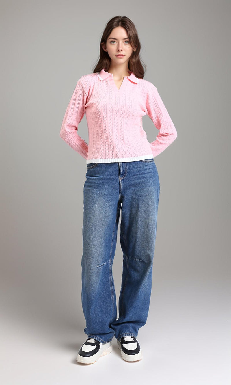R213618 - Open V-Neck Long Sleeves Braided Pullover - Light Pink