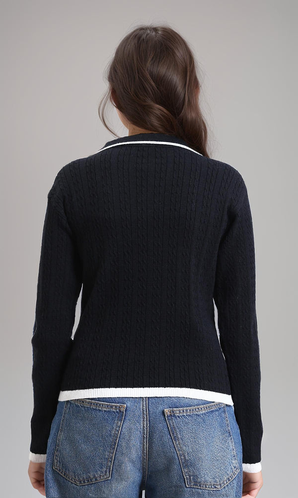 R213619 - Open V-Neck Long Sleeves Braided Pullover - Black