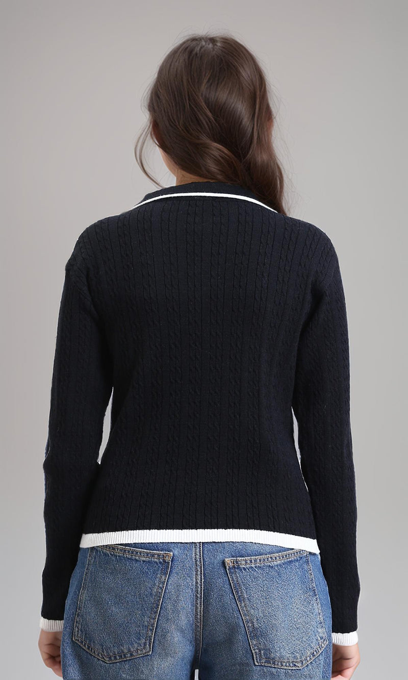 R213619 - Open V-Neck Long Sleeves Braided Pullover - Black