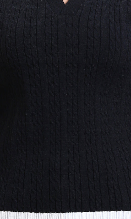 R213619 - Open V-Neck Long Sleeves Braided Pullover - Black