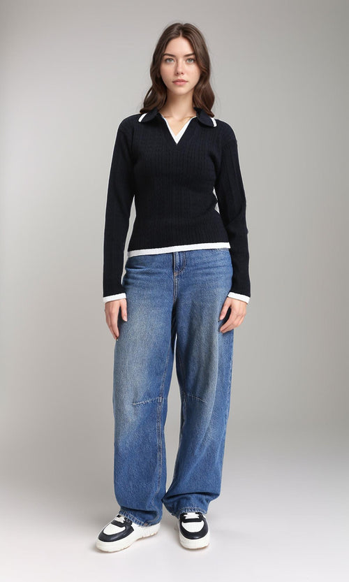 R213619 - Open V-Neck Long Sleeves Braided Pullover - Black