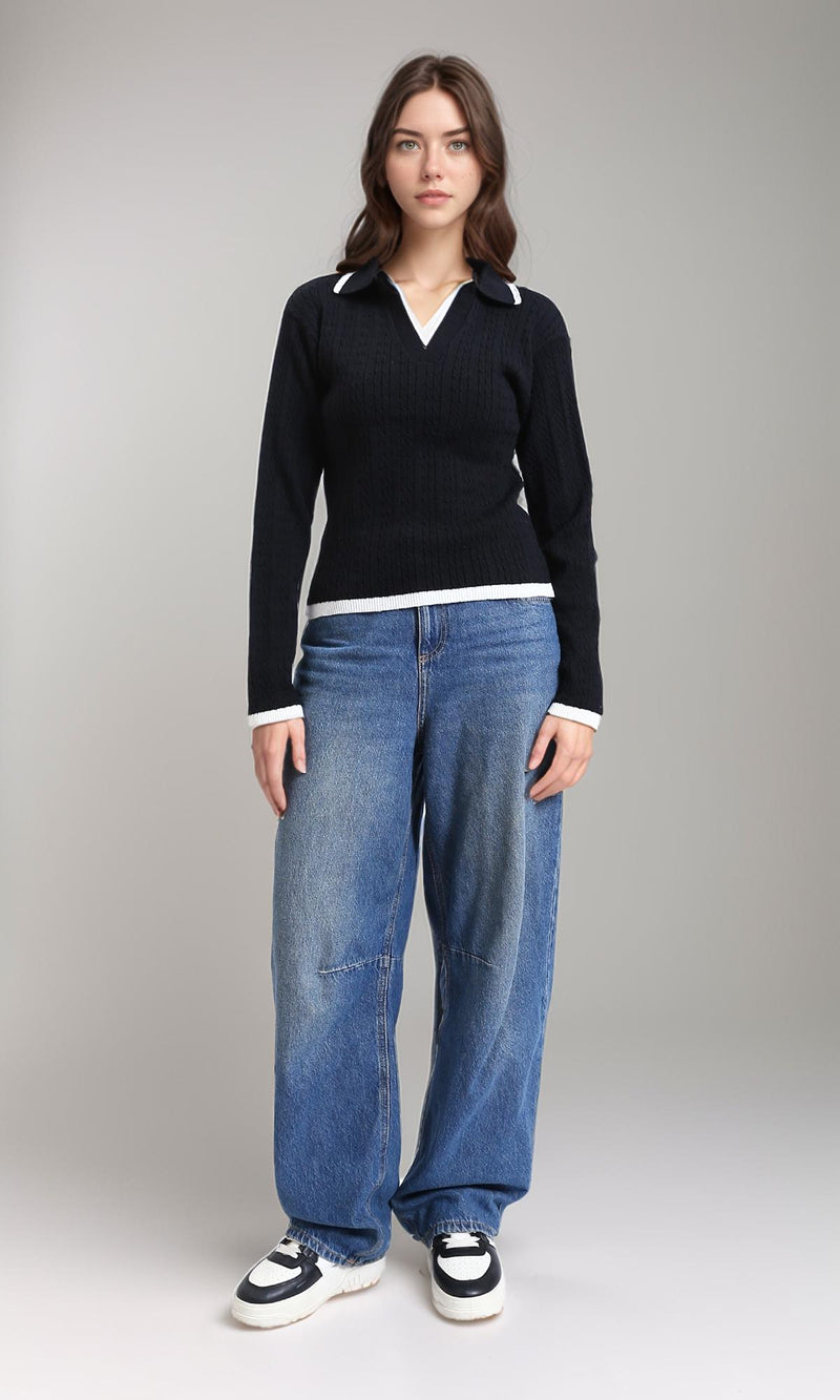 R213619 - Open V-Neck Long Sleeves Braided Pullover - Black