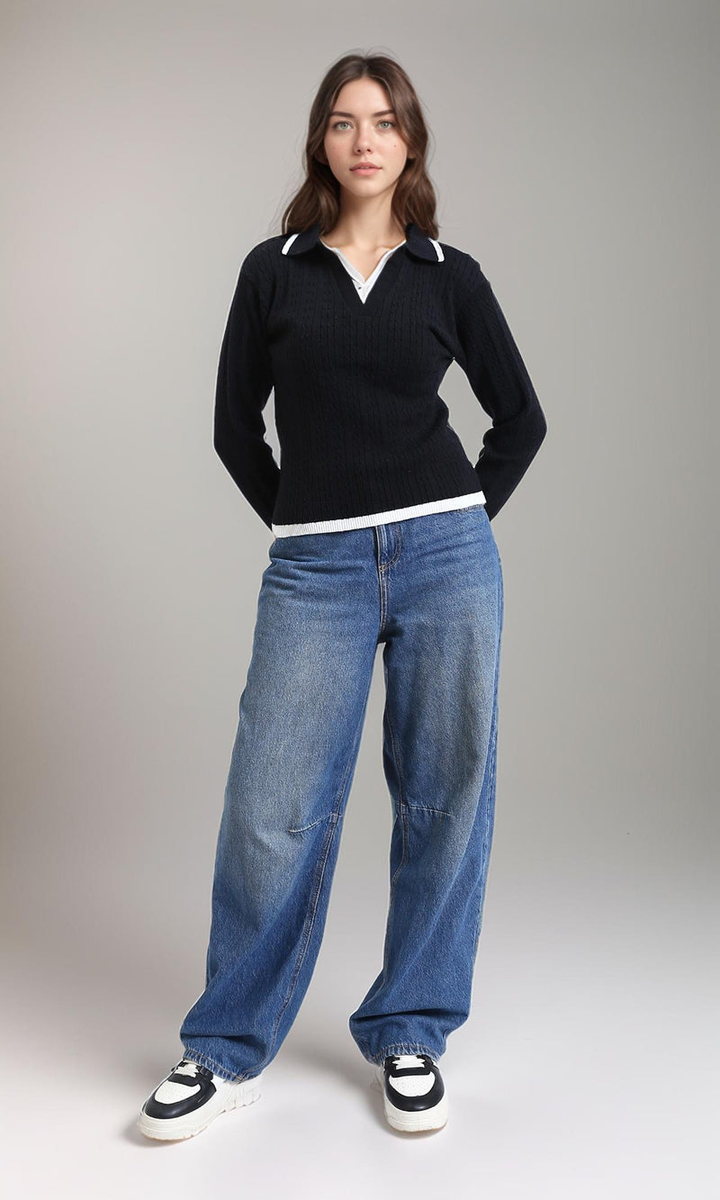 R213619 - Open V-Neck Long Sleeves Braided Pullover - Black