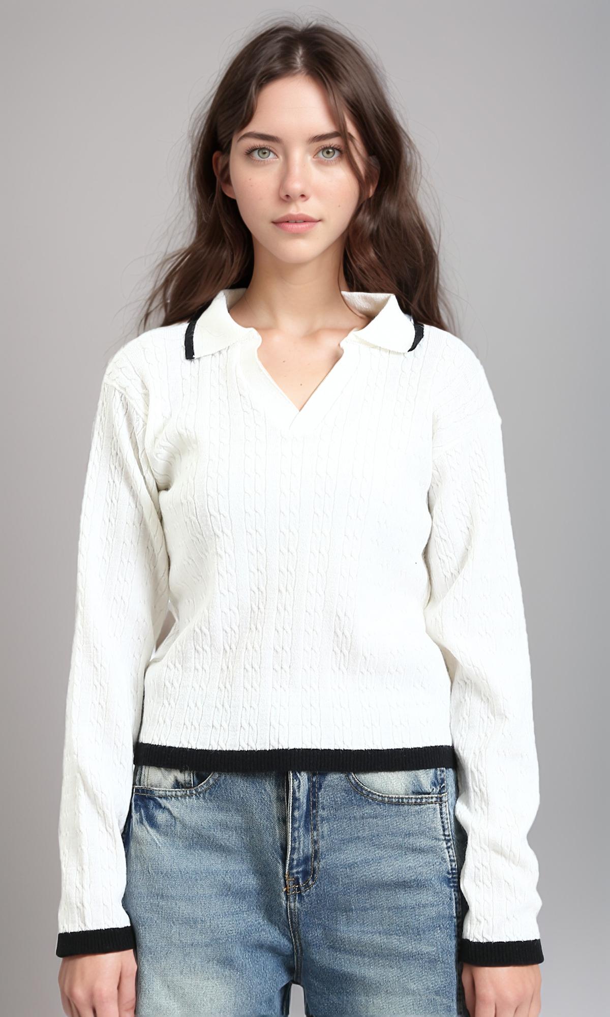 Open V-Neck Long Sleeves Braided Pullover - Off-White