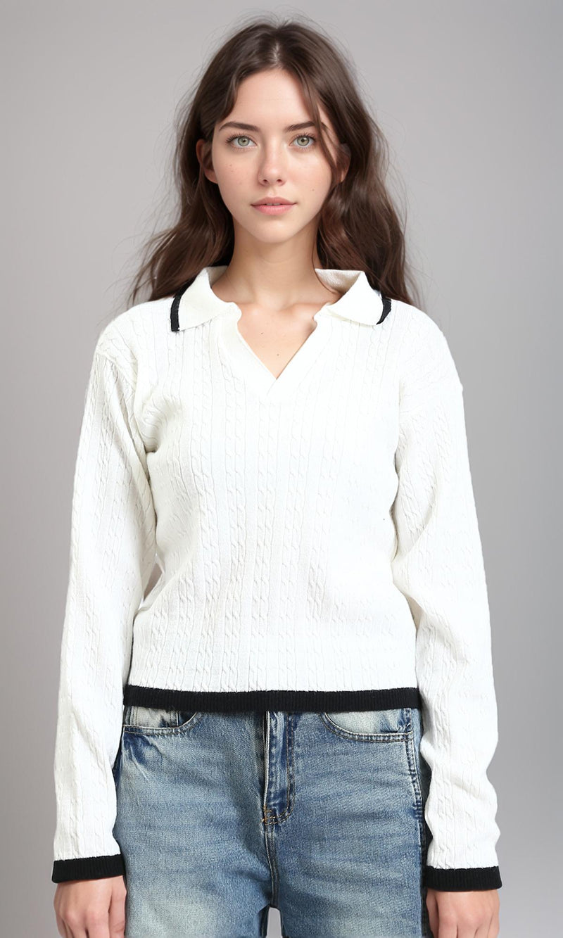 R213620 - Open V-Neck Long Sleeves Braided Pullover - Off-White