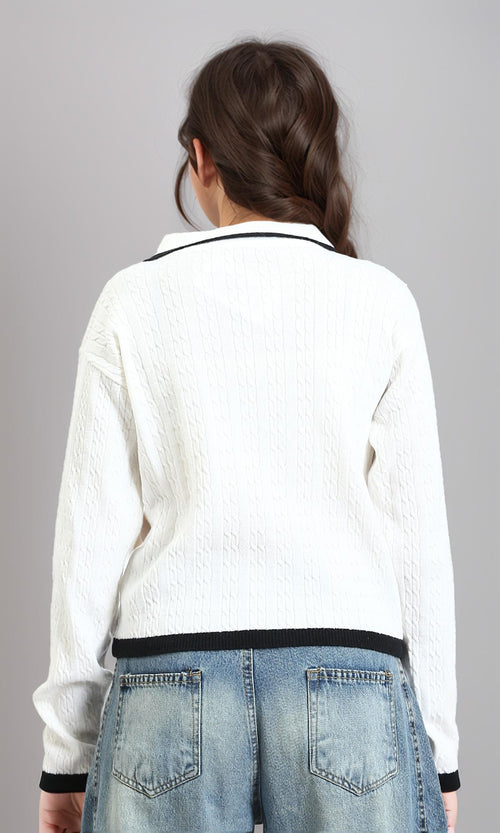 R213620 - Open V-Neck Long Sleeves Braided Pullover - Off-White