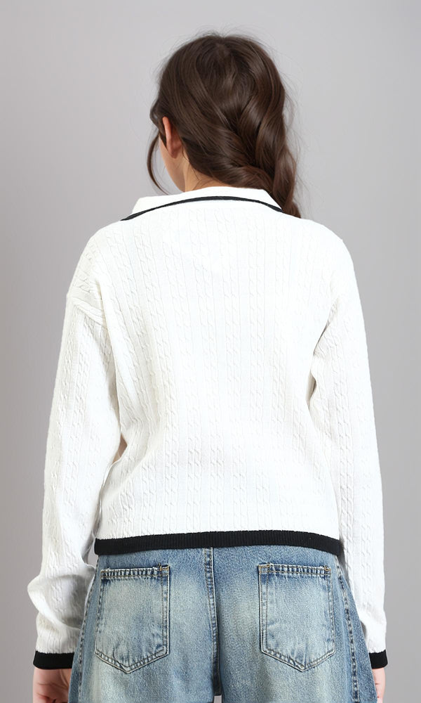 R213620 - Open V-Neck Long Sleeves Braided Pullover - Off-White