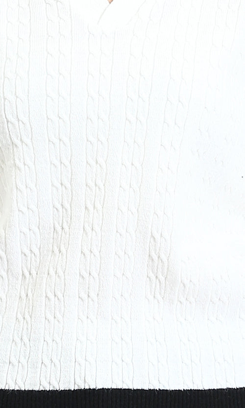 R213620 - Open V-Neck Long Sleeves Braided Pullover - Off-White