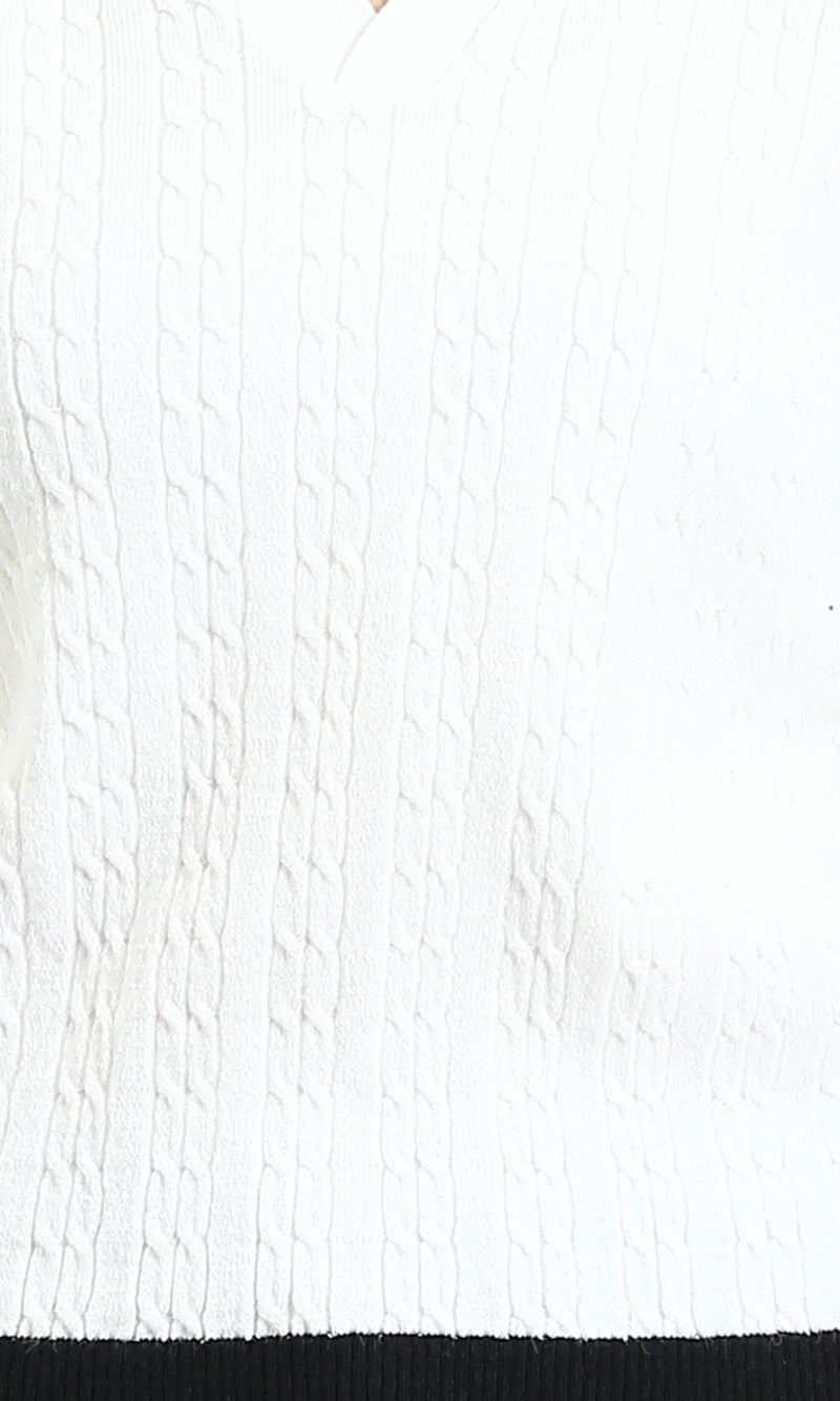 R213620 - Open V-Neck Long Sleeves Braided Pullover - Off-White