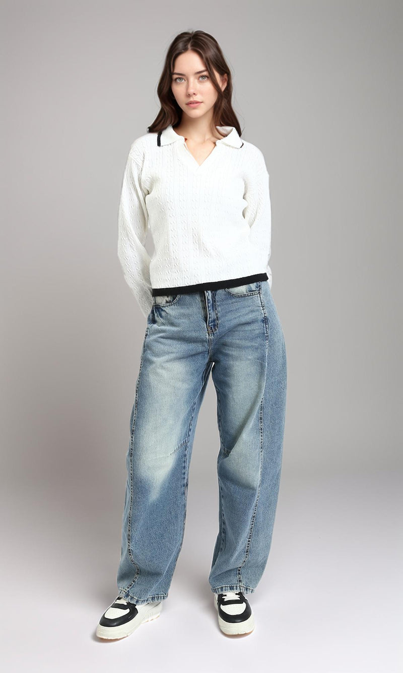 R213620 - Open V-Neck Long Sleeves Braided Pullover - Off-White