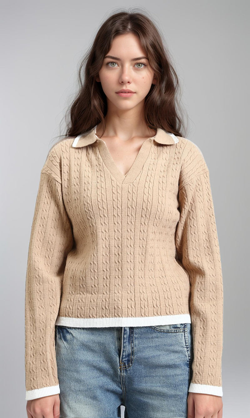 R213621 - Open V-Neck Long Sleeves Braided Pullover - Light Coffee