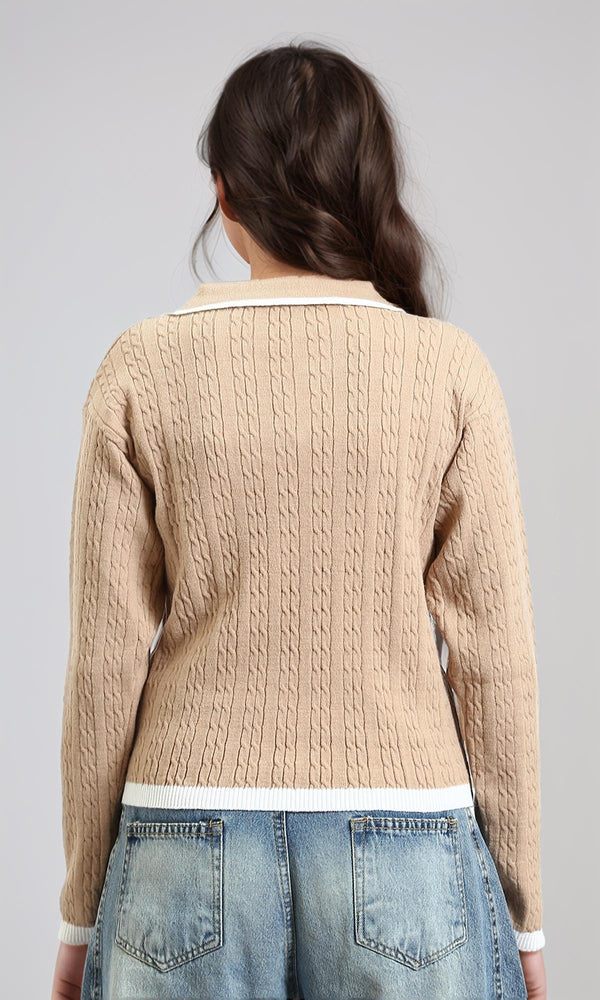 R213621 - Open V-Neck Long Sleeves Braided Pullover - Light Coffee
