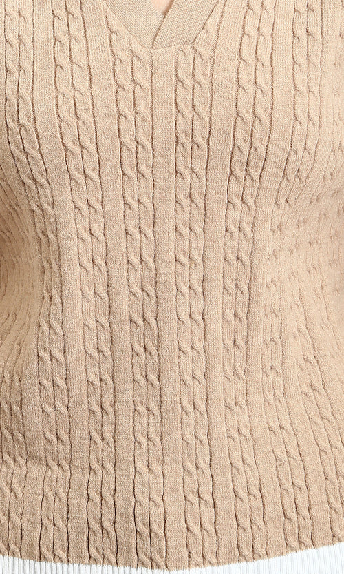 R213621 - Open V-Neck Long Sleeves Braided Pullover - Light Coffee