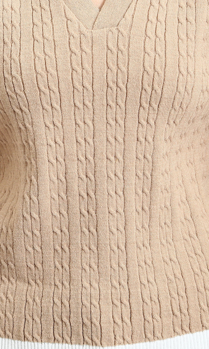 R213621 - Open V-Neck Long Sleeves Braided Pullover - Light Coffee