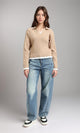 R213621 - Open V-Neck Long Sleeves Braided Pullover - Light Coffee