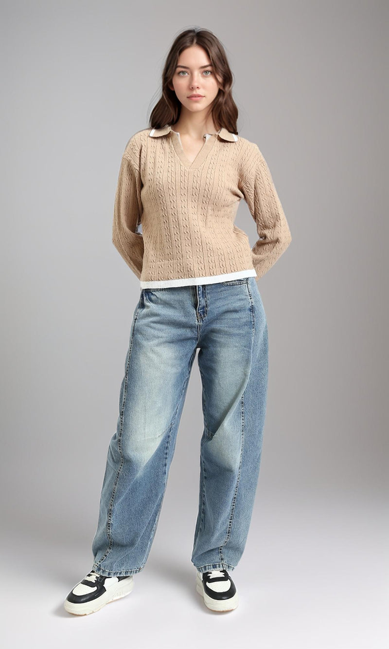 R213621 - Open V-Neck Long Sleeves Braided Pullover - Light Coffee