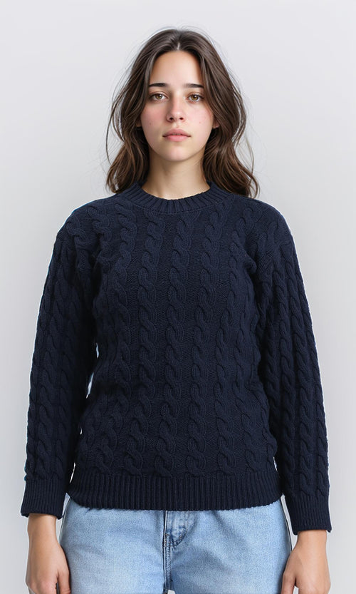 R213633 - Long Sleeves Braided Knit Pullover - Navy Blue