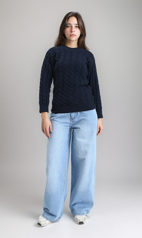 R213633 - Long Sleeves Braided Knit Pullover - Navy Blue