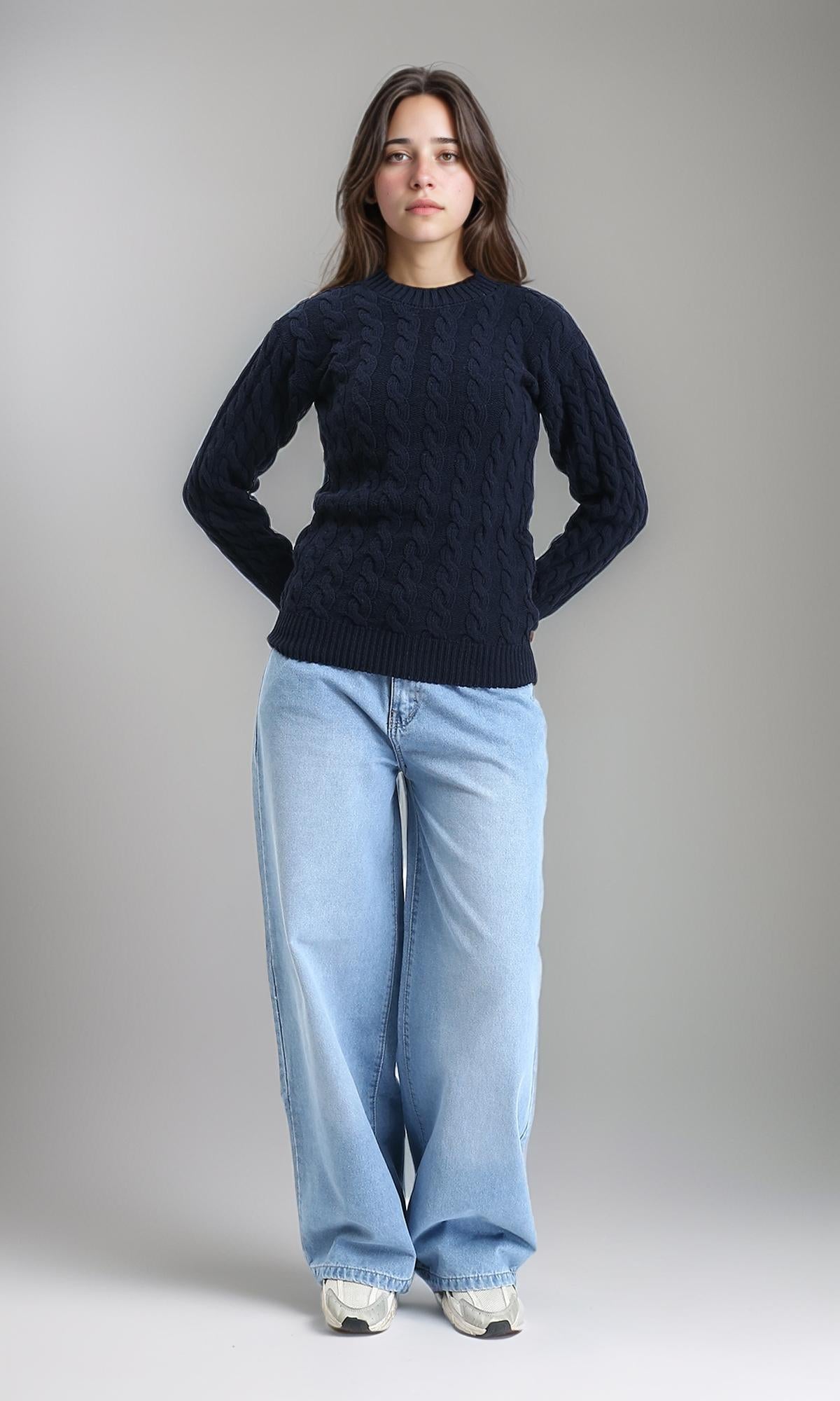 R213633 - Long Sleeves Braided Knit Pullover - Navy Blue