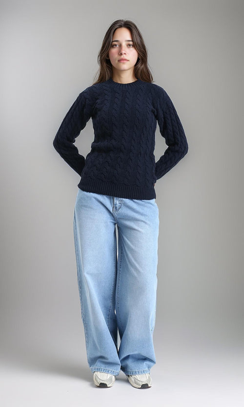 R213633 - Long Sleeves Braided Knit Pullover - Navy Blue
